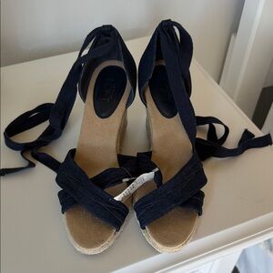 LOFT Navy Wrap Espadrille Wedges